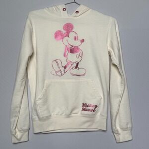 Mickey Mouse Disney Store Hoodie Womens XS Cream Pink Foil Graphic Sweatshirt